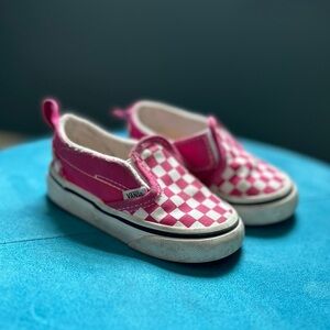 Vans dark pink and white checkered slip on sneakers